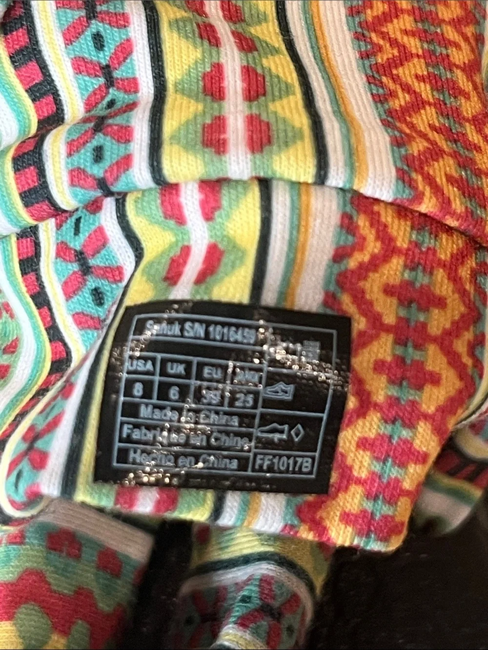 Sanuk Black Sandals with Colorful Patterned Fabric Straps